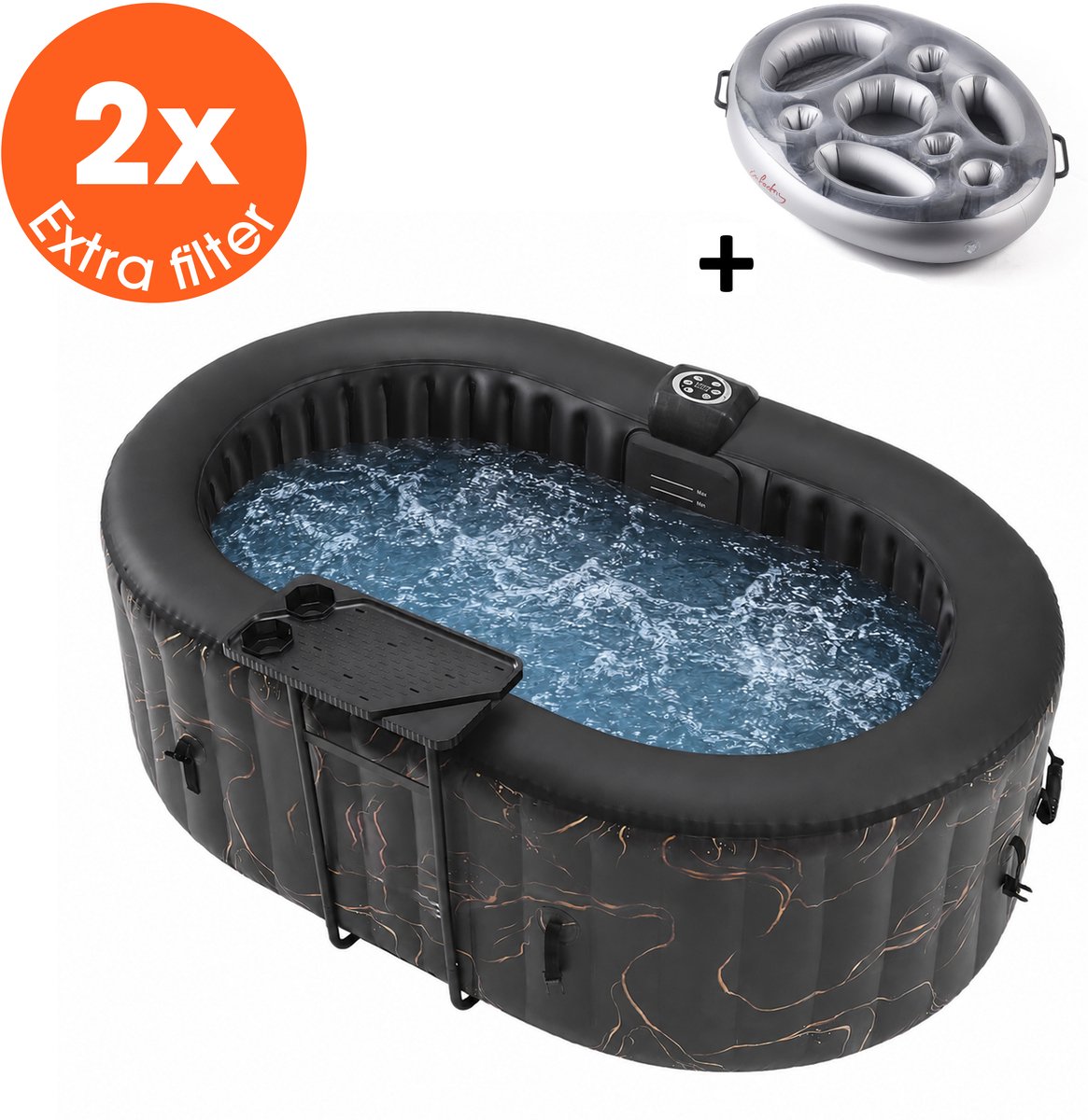 Lenx Opblaasbare Jacuzzi 2 Personen - Ovaal - Spa Bubbelbad met 90 AirJets - Whirlpool voor Buiten & Binnen - Inclusief Opblaasbare Bekerhouder