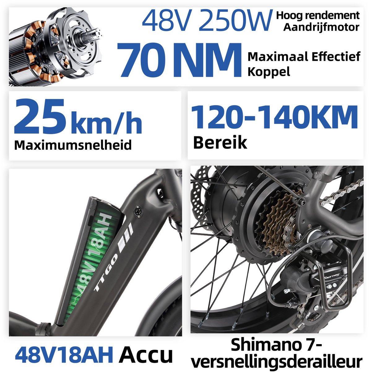 TTGO F6 Boost E-bike - 25 km/u - 20inch - 120km actieradius - 250W motor - 48V18Ah accu - 70NM - grijs thumbnail 3