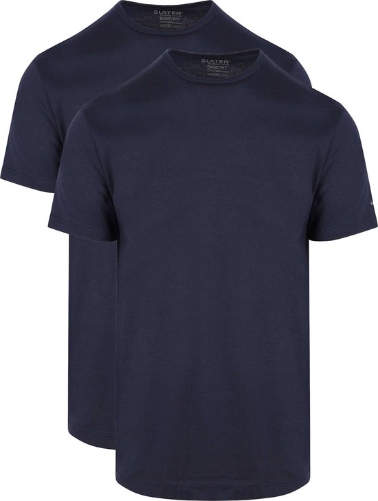 Twee donkerblauwe T-shirts met ronde hals en korte mouwen.