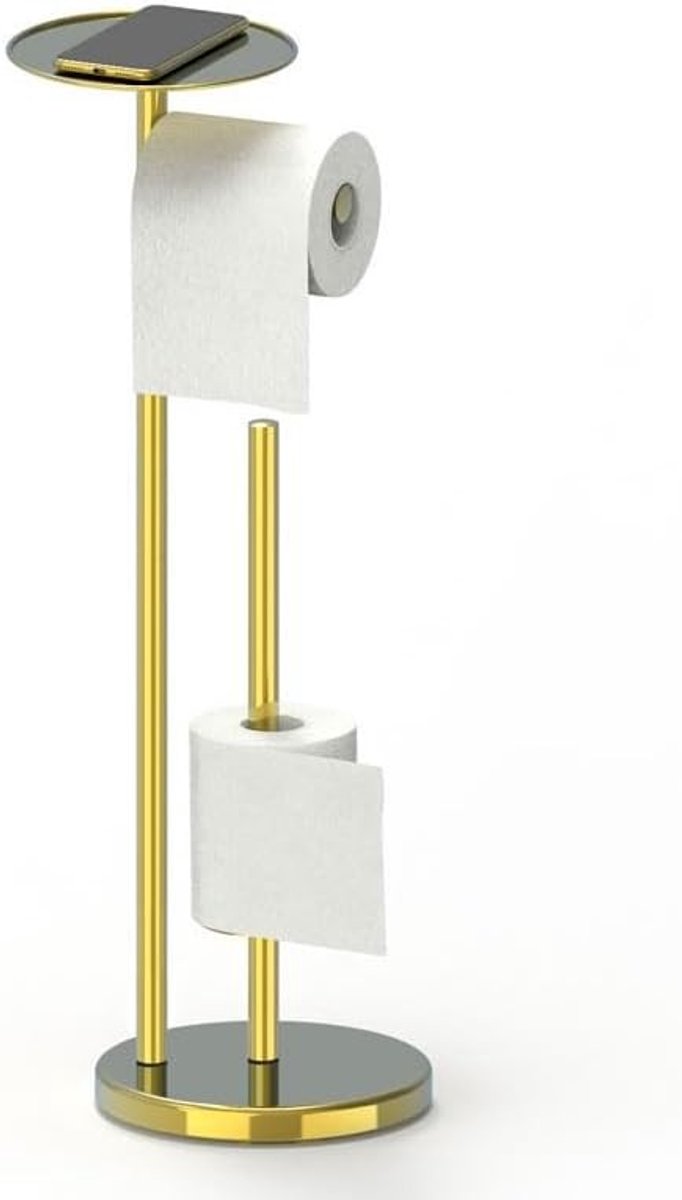Vrijstaande Toiletpapierhouder van RVS - Vouwbare Papierstandaard met Opbergruimte en Antiroest, Houdt Tot 5 Rollen met Extra Plank (Goud)
