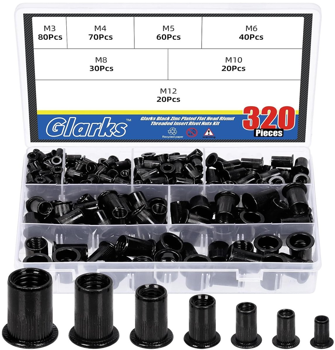 320-delige Set Met Metrische Rivet Nuts - M3 tot M12, Zwart Verzinkt, Carbon Staal, Diverse Maten en Flat Head Inserts