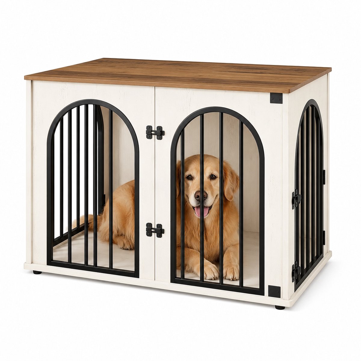 NordPaw® Hondenbench Meubel - Houten Hondenbench met 3 Deuren, Bijzettafel en Veilig Sluitingssysteem - Wit/Eiken - 69 x 48 x 62 cm