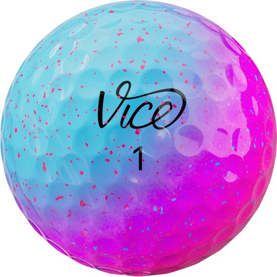 Golfbal met een paars en blauw verloop, spikkels en het getal 1.