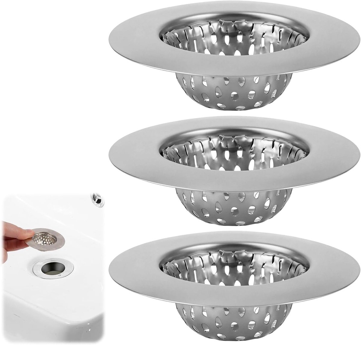 Set van 3 RVS Afvoerfilters voor Douche en Wasbak - Haarfilter, Afvoer Strainer en Badkuipfilter (5.5 x 3.2 x 1.5 cm)