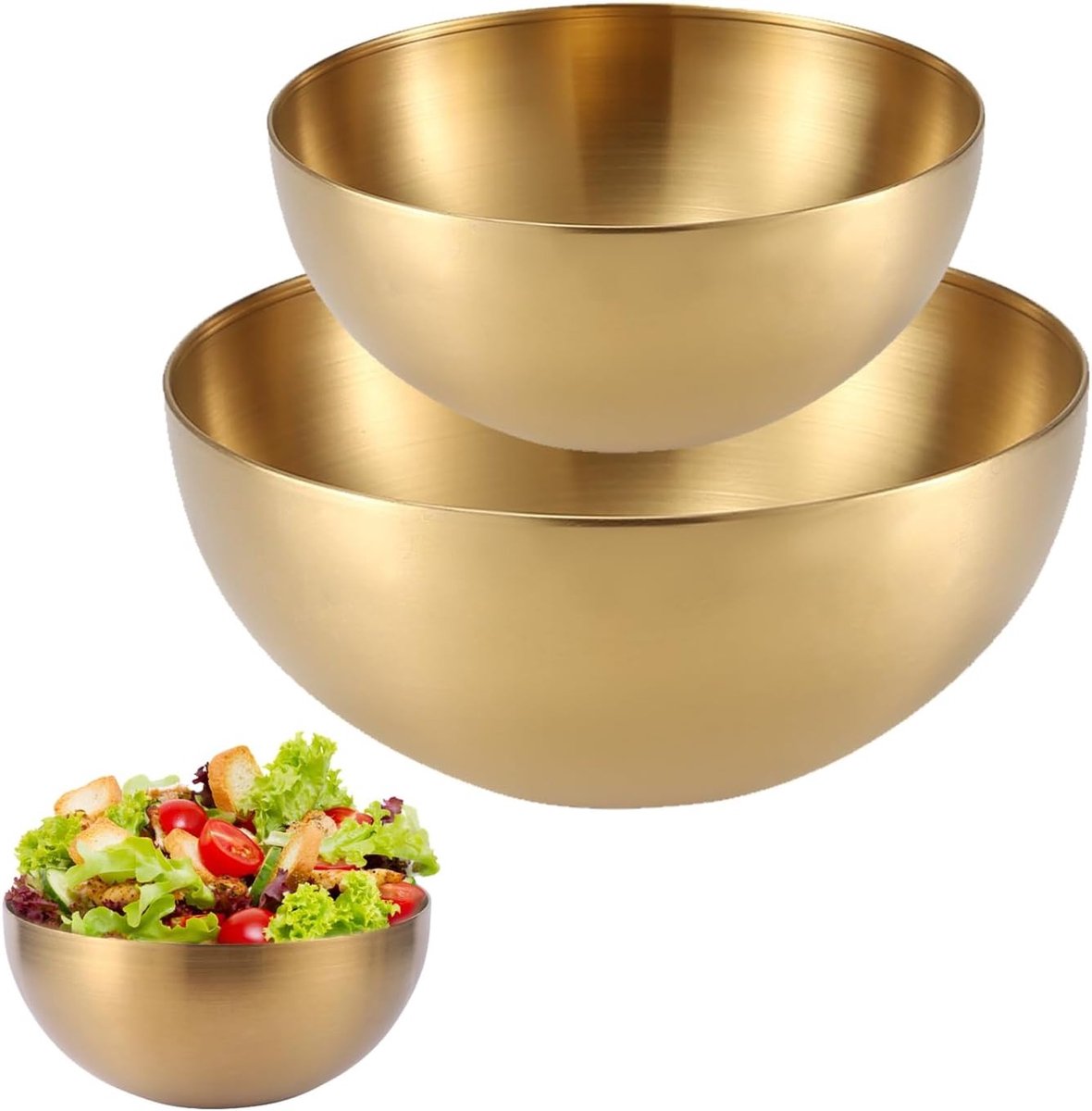 Set van 2 Gouden Metal Pasta Schalen voor Bibimbap, Salades en Desserts, Vaatwasserbestendig en Duurzaam