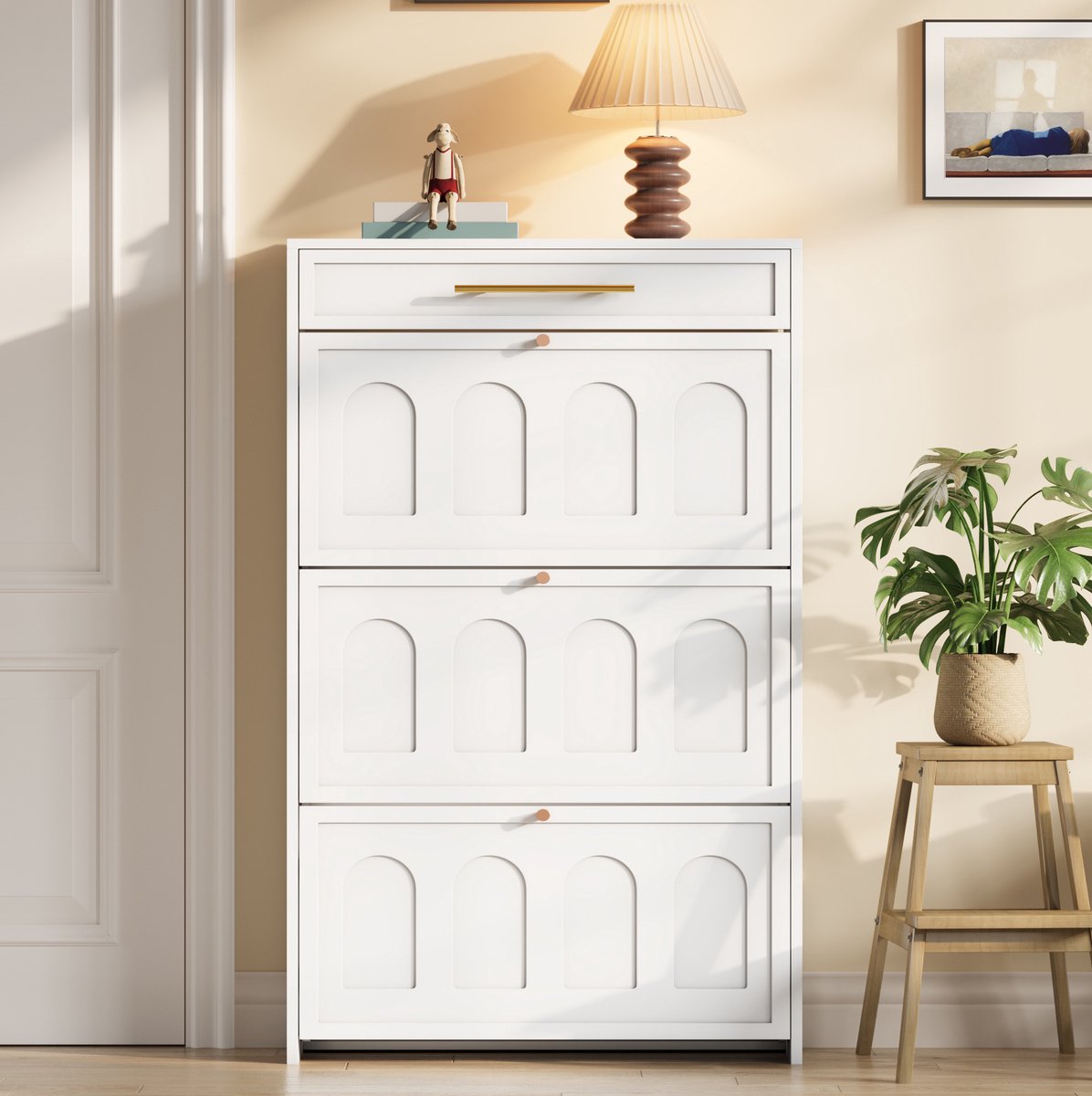 DESMIU Schoenenkast - Modern Staand Rek Met 6 Vakken En 1 Lade - Voor Hal Woonkamer En Kantoor - MDF - 70x25x123,5 Cm - Wit