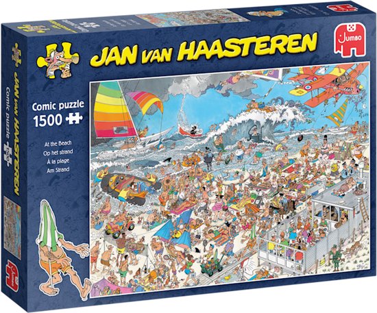 Gesloten doos van een 1500-stukjes Jan van Haasteren strip Puzzel: 'Op het strand'.