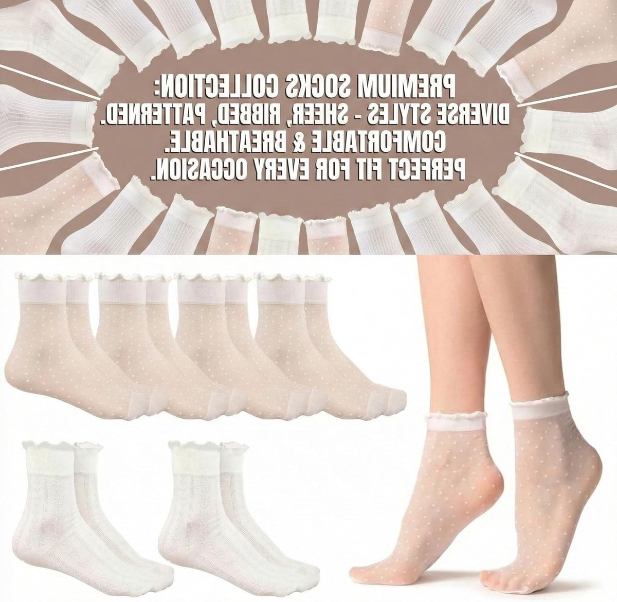 Stijlvolle Plissé Enkelkousen – Lichte, Ademende Korte Sokken met Bloemmotief en Stipjes – Set van 12 Paar voor Comfort en Mode
