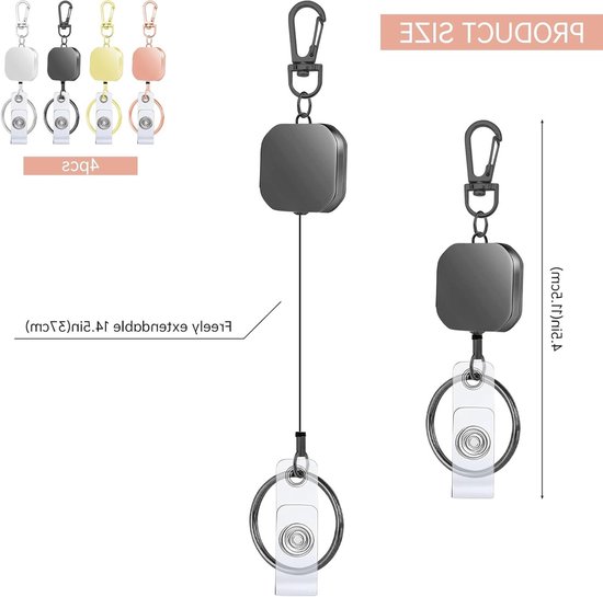 Set van 4 Uittrekbare Badge Reel met Robuuste Carabiner Sleutelhanger en Ceintuurlus - Ideaal voor ID Kaarten, Sleutels en Werkgebruik — afbeelding 5