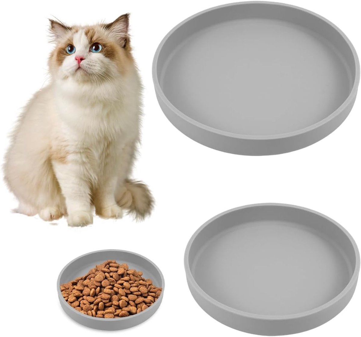 Set van 2 Siliconen Kattenvoerbakken, 18 en 15 cm, Plat Ontwerp voor Droog en Nat Voer, Ideaal voor Katten en Kleine Huisdieren