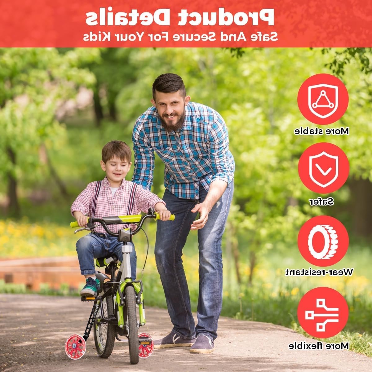 Ondersteuningswielen voor Kinderfietsen - Universele Steunwielen met Flitslichten voor Fietsen van 12 tot 20 Inch, Geschikt voor Variabele en Eensnelheidsfietsen in Rood