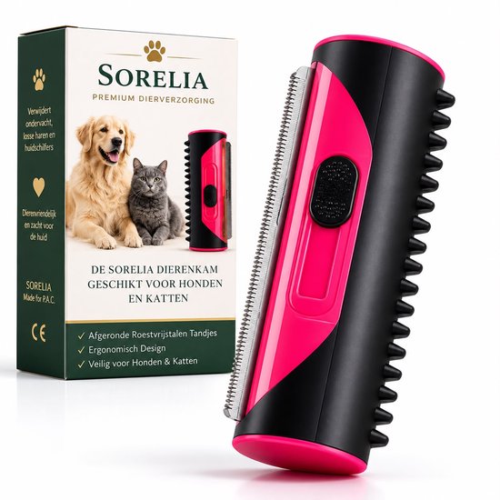Sorelia Hondenkam - Kattenkam – Anti-Klit Borstel voor Lang- en Kortharige Honden en Katten – Voorkomt Verharing – Huisdier Vachtverzorging – Dierenborstels - Roze