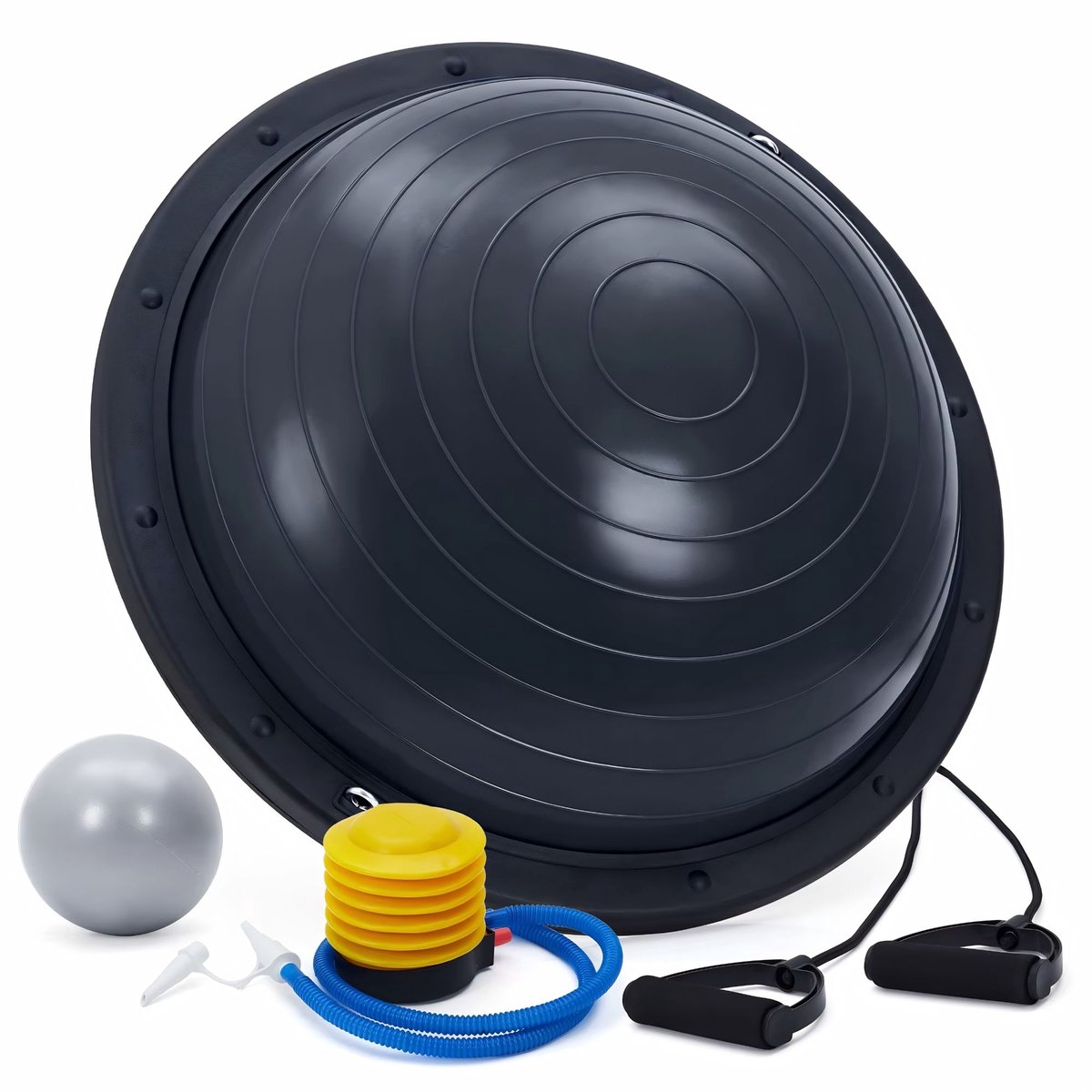 Half Balance Ball Trainer 58.42cm - Antislip met Weerstandsbanden en Luchtpomp - voor core training en pilates - Zwart PVC - Grijs