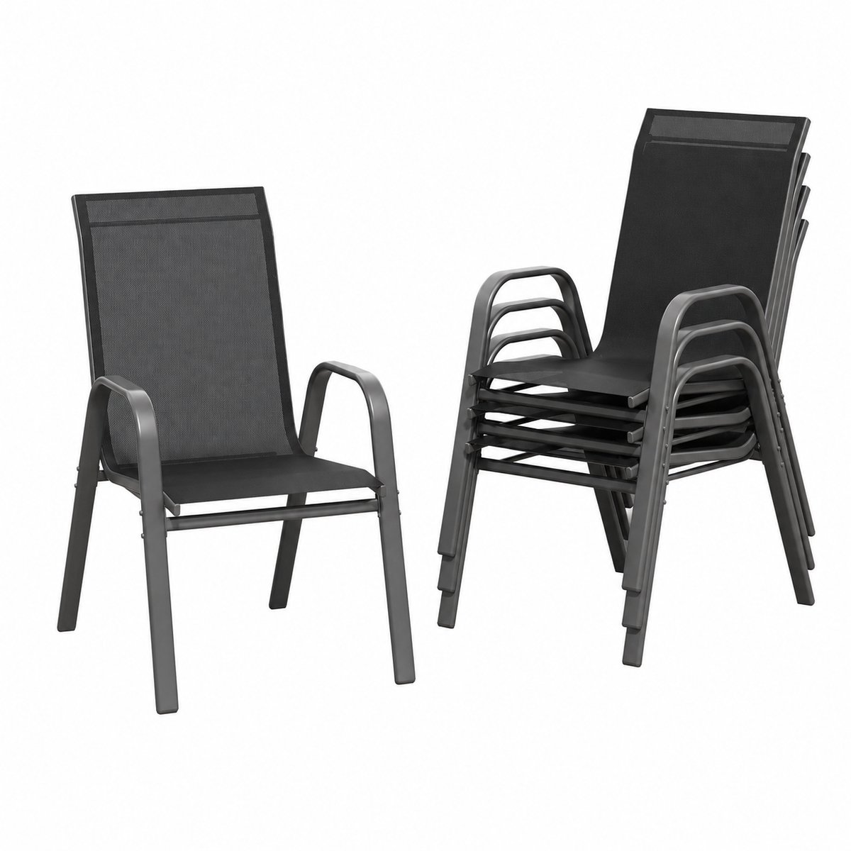 CORE Tuinstoelen Set van 4 - Stapelbare Buitenstoelen - Textileen Zitting en Rugleuning - Stevig Stalen Frame - Weerbestendige Terrasstoelen - Lichtgewicht en Ruimtebesparend - Geschikt voor Tuin, Balkon, Terras en Veranda - 54x74x93cm – Zwart