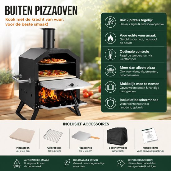 Jurrys Pizza oven - Grill - Buiten oven - 2 laags - Werkt op Pellet hout en houtskool - Inclusief waterdichte hoes - 26x44x72cm - Zwart — afbeelding 5