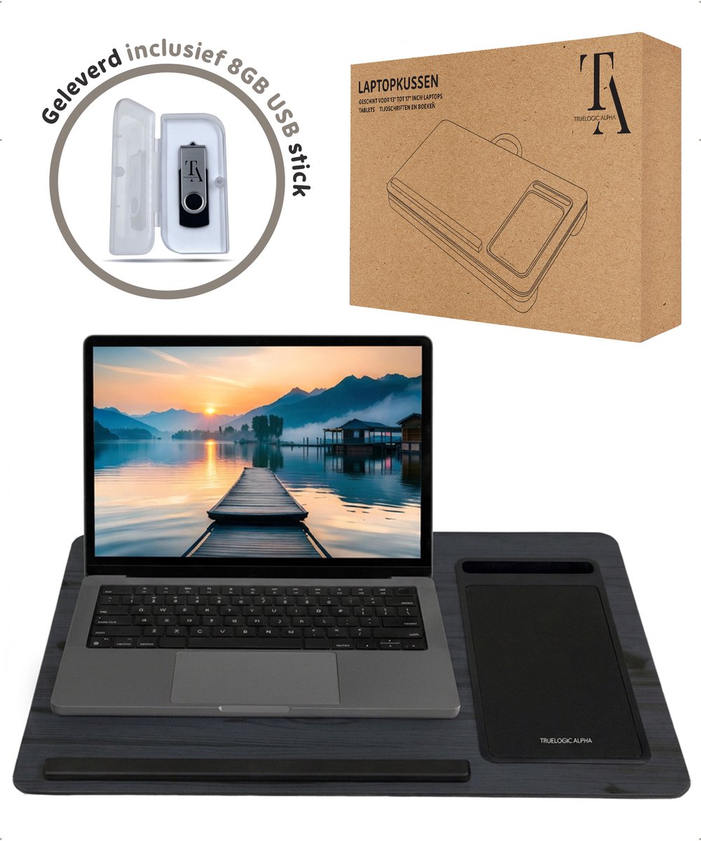TrueLogic Alpha Laptop standaard - Laptoptafel - Bedtafel - Laptopkussen - Laptopstandaard - Voor laptops t/m 17 inch - Fully Black - Houtnerf