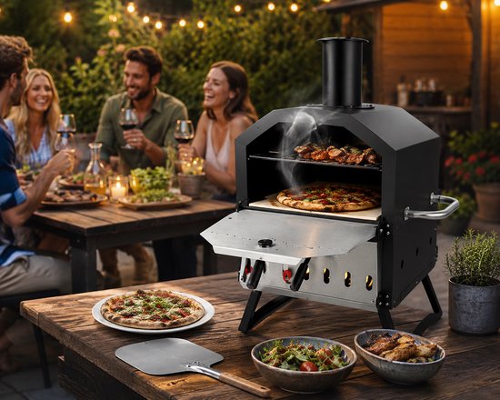 Jurrys Pizza oven - Grill - Buiten oven - 2 laags - Werkt op Pellet hout en houtskool - Inclusief waterdichte hoes - 26x44x72cm - Zwart — afbeelding 3