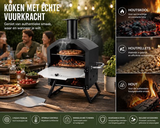 Jurrys Pizza oven - Grill - Buiten oven - 2 laags - Werkt op Pellet hout en houtskool - Inclusief waterdichte hoes - 26x44x72cm - Zwart — afbeelding 2
