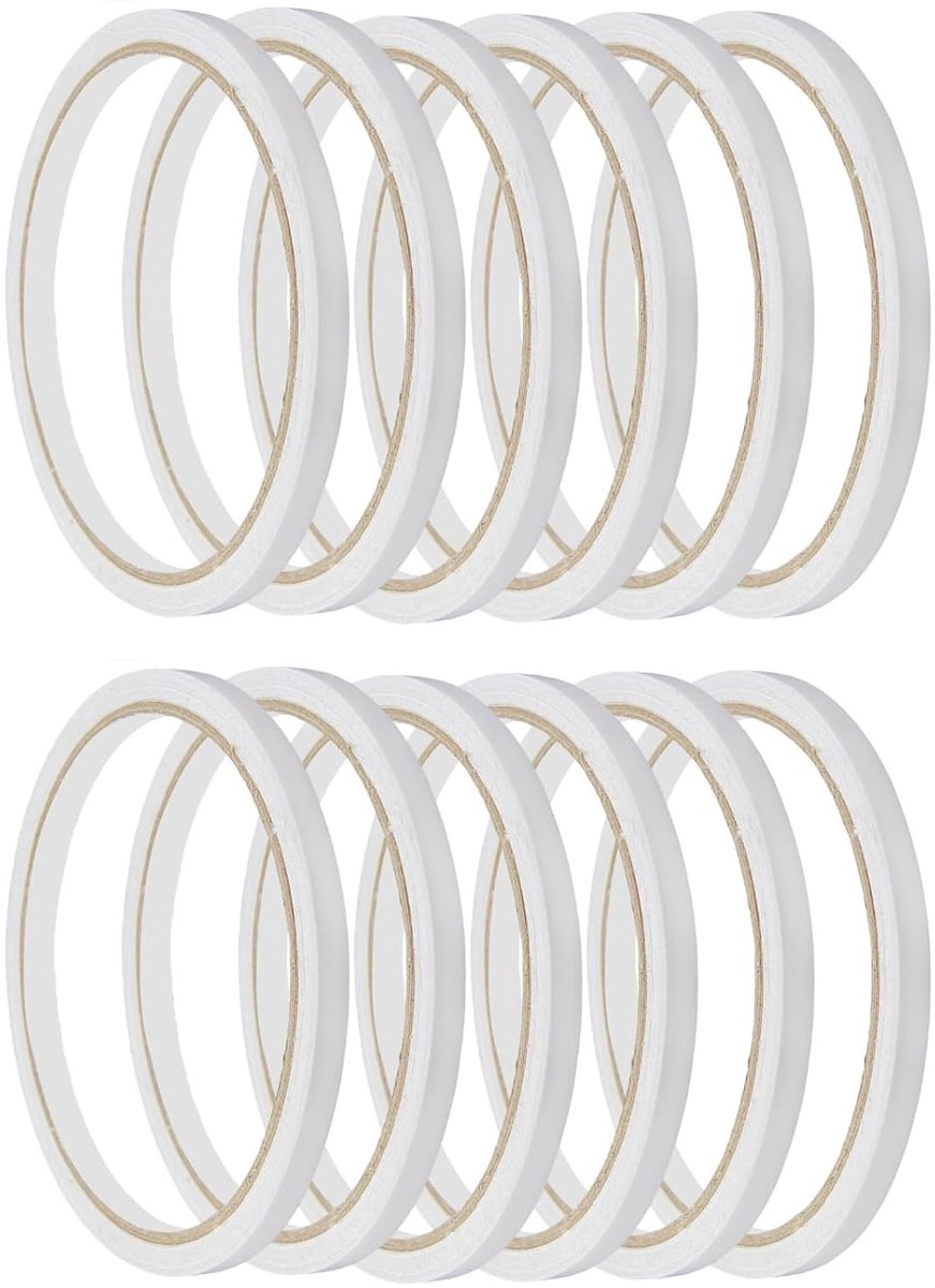 SnelShoppen - Dubbelzijdige Plakband, Dun, 12 Rollen, Zelfklevende Witte Tape voor Knutselen, Naaiwerk, Scrapbooking, Kaarten Maken, Cadeau Verpakken,