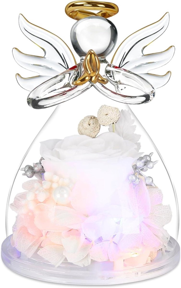 Roos in glazen engel - Bloemen decoratie - Cadeau geven - Met licht - 3 Inch basis - Wit