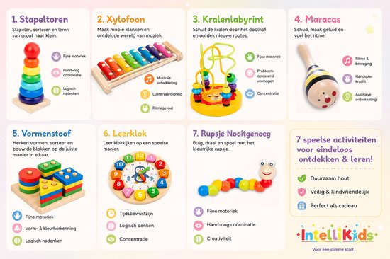 Kleine Ontdekkersspeelset 7 delig - Houten Educatief Speelgoed - Montessori Speelgoed - Peuter Speelgoed - Fijne Motoriek - Stapeltoren, Xylofoon, Leerklok, Kralenlabyrint, Vormenstoof, Rupsje, Maracas - IntelliKids van Intellikids — afbeelding 2