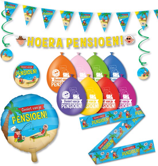 Foto: Luq pensioen feestpakket blauw geel luxe retirement decoratie set afscheid feest versiering bundel party ready