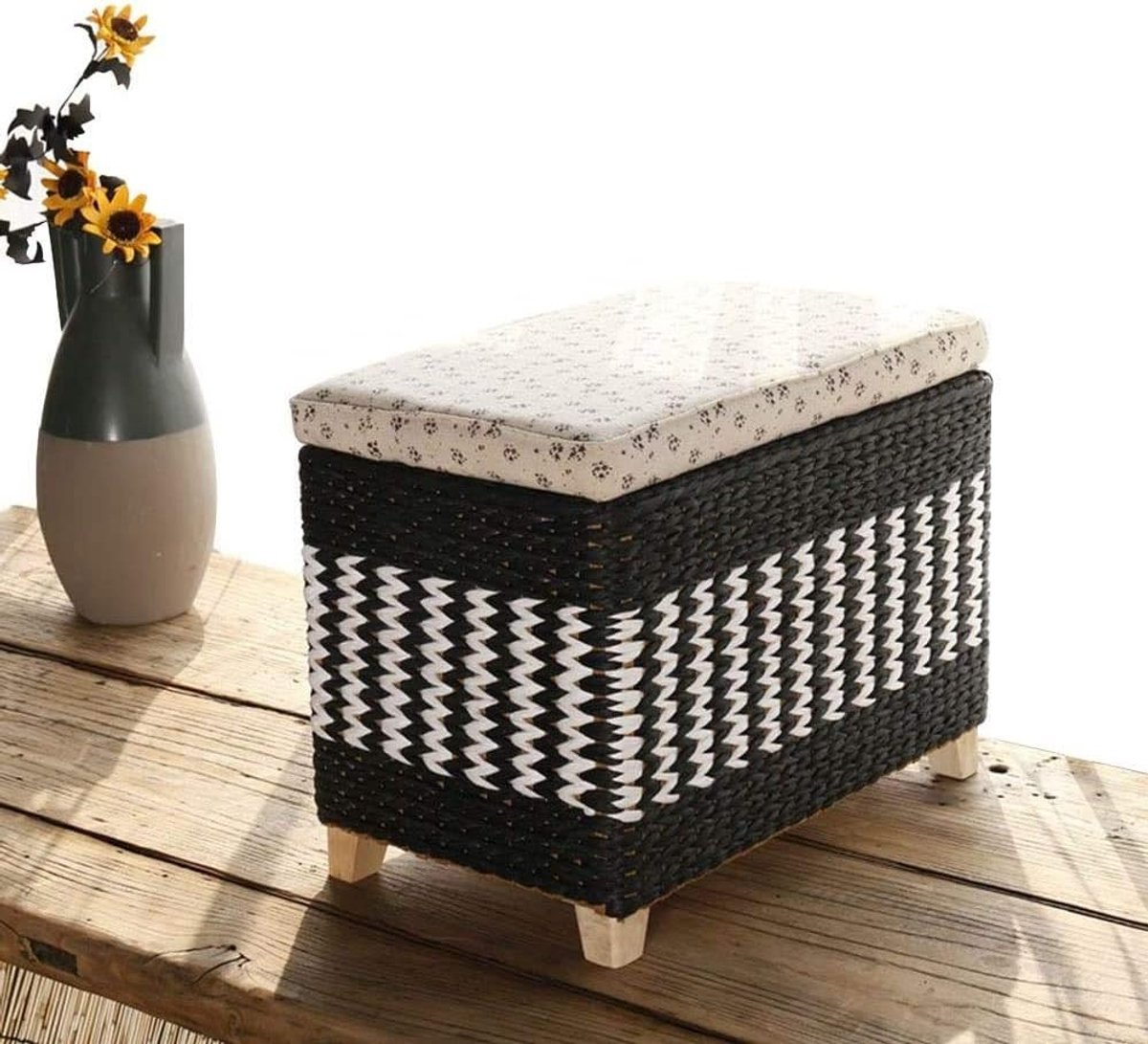 Rotan Opbergmand Poef - Voetenbank Kruk - Woonkamer Organisatie - Handgeweven Vlechtdesign - 50x30x30 cm - Zwart