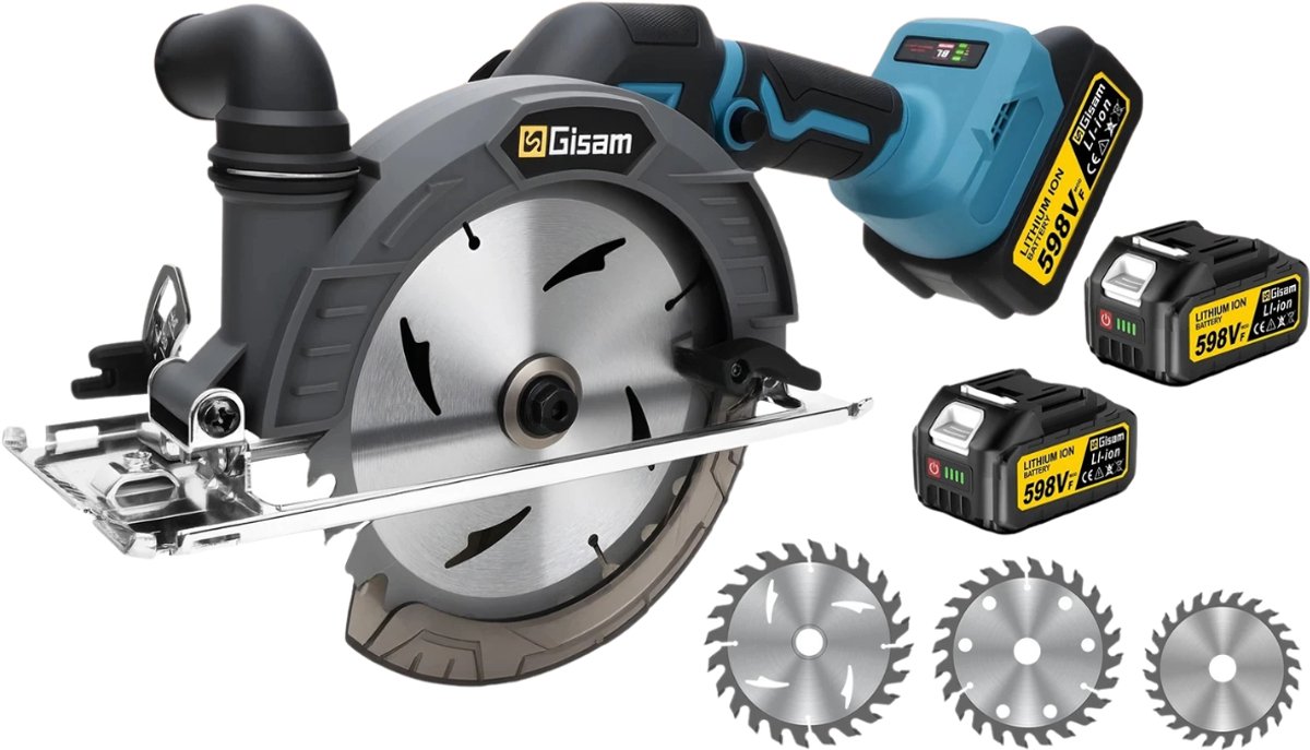 Gisam 165mm Borstelloze Accu Cirkelzaag - 1200W - 10000 RPM - Inclusief 2 Accu’s en 3 Zaagbladen - Compatibel met Makita 18V