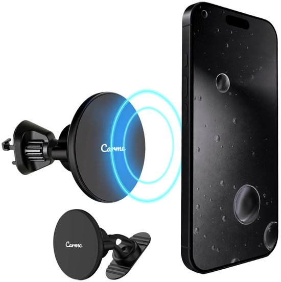 Support de téléphone magnétique noir et support de grille d'aération avec champs magnétiques bleus.