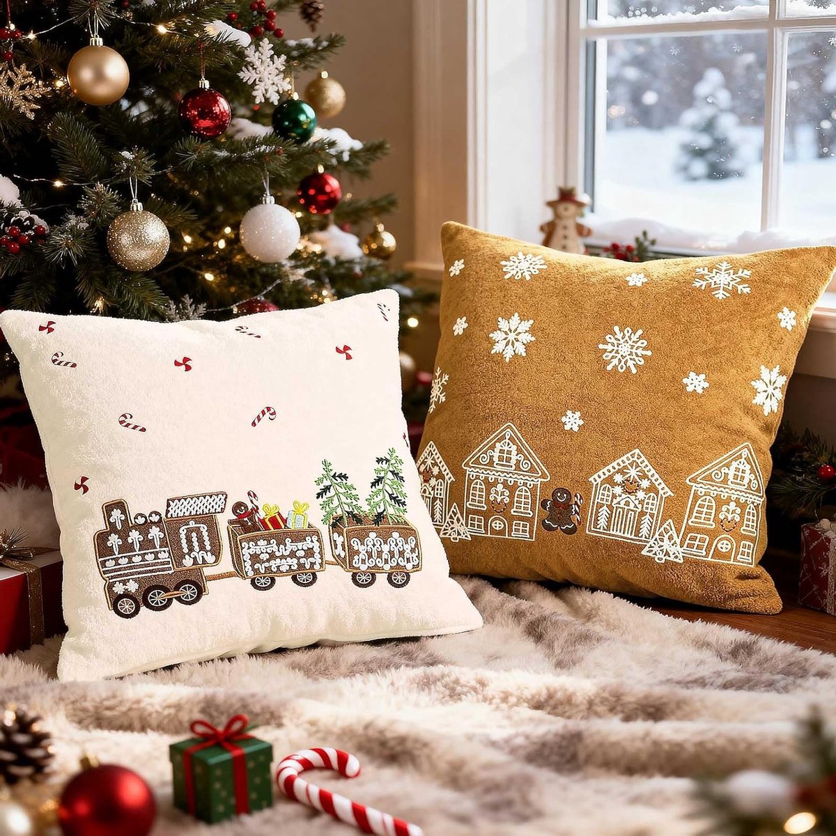 Set van 2 Kerst Kussenhoezen 50x50 cm met Geborduurde Peperkoekman voor Binnengebruik, Perfecte Decoratie voor Slaapkamer en Bank tijdens de Feestdagen