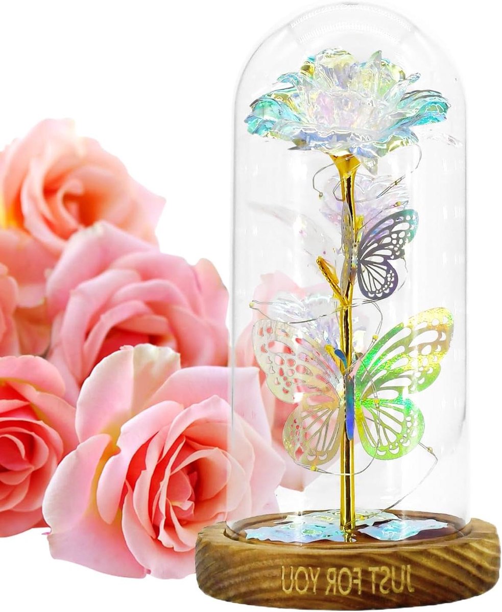 Glazen Roos - Eeuwige Bloemen - Sfeervolle Decoratie - Met LED Verlichting - 13 x 13 x 13 cm - Multicolor