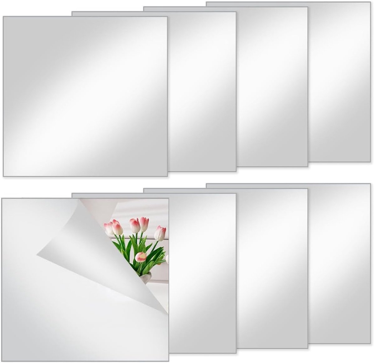 Set van 8 Zelfklevende Spiegeltegels 20x20 cm, Flexibele Acryl Spiegels voor Badkamer, Deur en Wanddecoratie, Breukvast en Frameloos