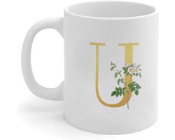 U Monogram Mok - Bloemen Naam - Warme Dranken - Dubbelzijdig Bedrukt - 11oz Capaciteit - Wit