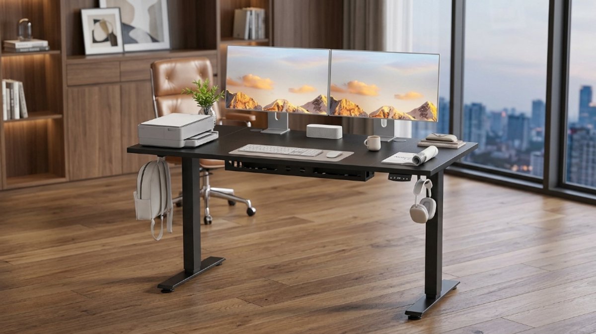 Elektrisch Zit-Sta Bureau 160 x 70 cm – Ergonomisch Hoogte Verstelbaar Bureau met 2 Geheugenstanden, Kabeldoorvoer, Haken, Stille Motor, Computerbureau, Werkbureau, Gaming Bureau, Thuiskantoor – Zwart – novihomestore