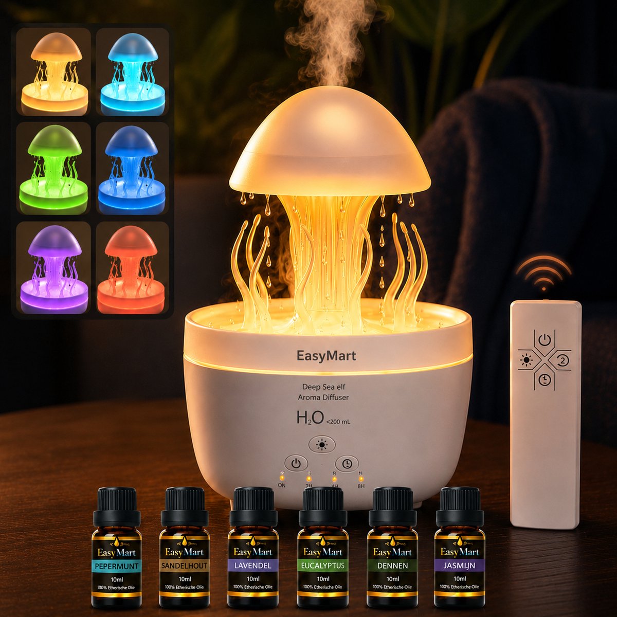 Aroma Diffuser 300ml met 6 Etherische Oliën – Geurverspreider & Luchtbevochtiger – Met Afstandsbediening – LED – Slaapkamer – EasyMart — cadeau in Wonen & Interieur - foto 7