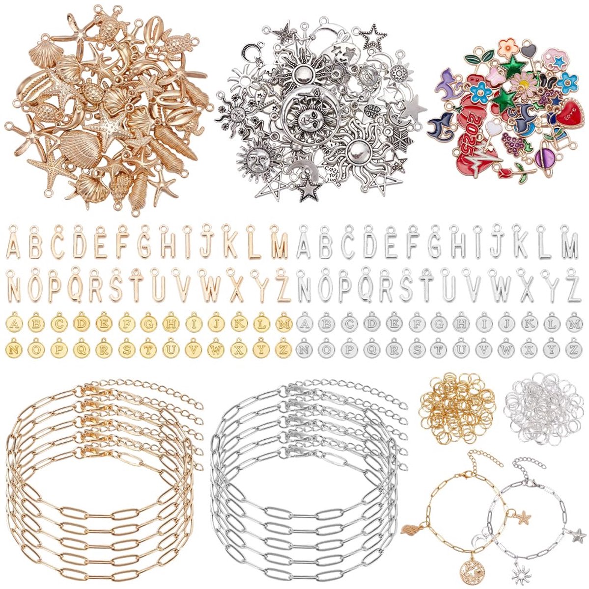 1 doos 464-delige armband knutselset voor volwassenen schakelkettingen met paperclips gouden en zilveren letterhangers, verschillende legeringshangers en buigringen voor de S