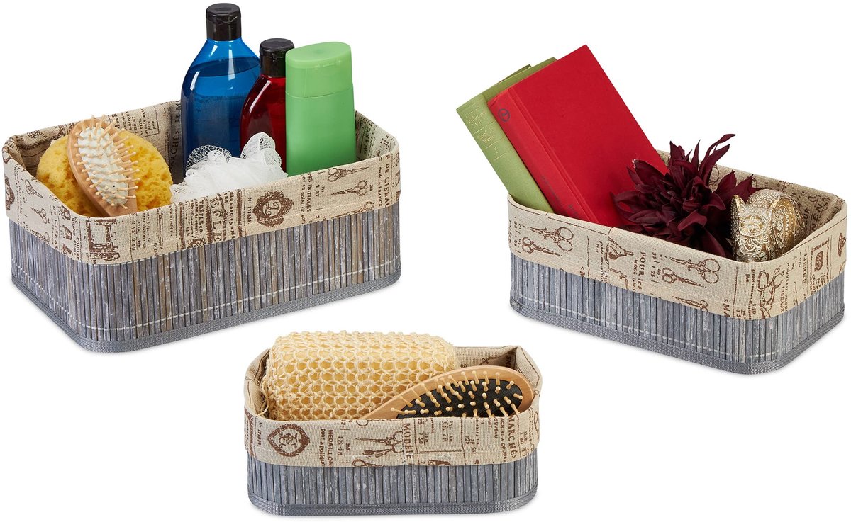Relaxdays opbergmand set van 3, bamboe & stof, verschillende groottes, voor make-up of speelgoed, kastmand, grijs/beige