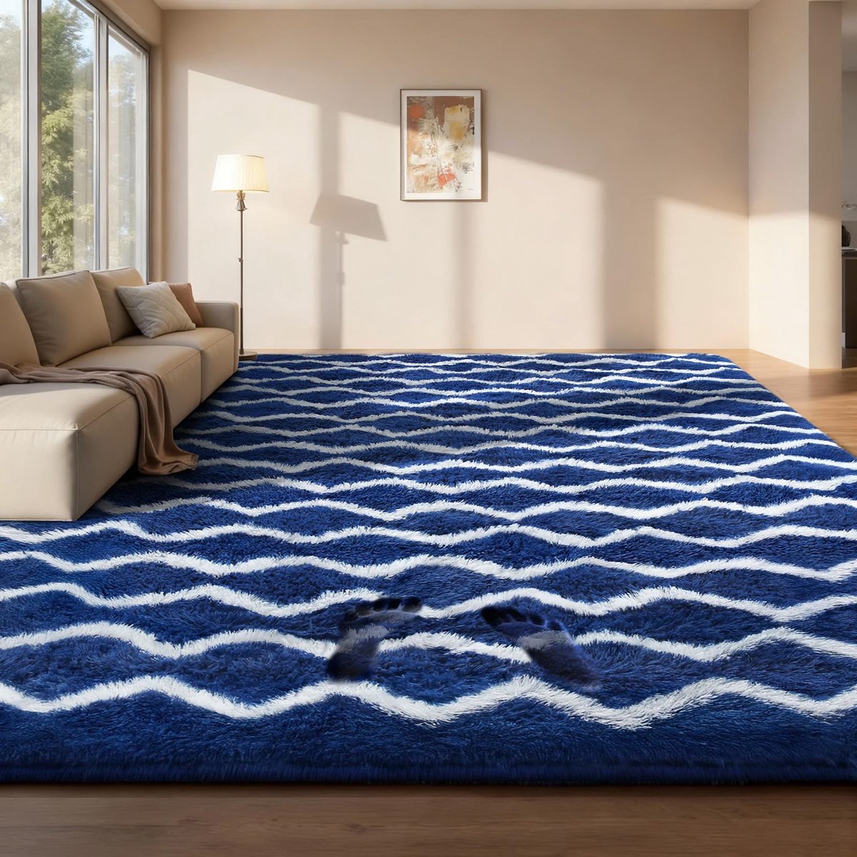 Vloerkleed Woonkamer Hoogpolig Gestreept, Tapijt Slaapkamer Antislip Wasbaar, Groot Shaggy Vloerkleed Fluffy Zacht, Modern Vloerkleed voor Lounge, Marineblauw en wit, 240x300 cm
