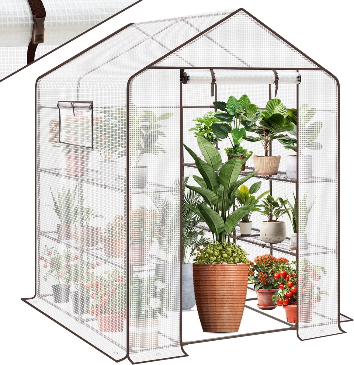 Broeikas folie XXL 200 x 145 x 145 cm, kweekbroeikas, tomaten met 10 planken, foliekas, stabiele tuin met PE-afdekking, winterbestendig, wit