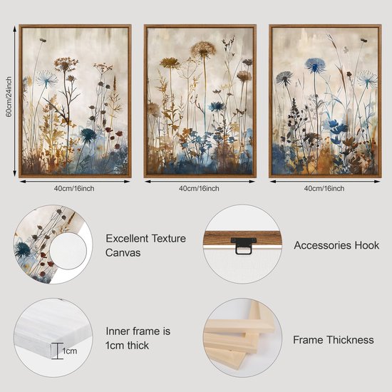 3 Stks Minimalistische Planten Paardenbloem Ingelijst Canvas Muurkunst Set, Blauw Bruine Bloemen Botanische Muurdecoratie Noorse Rustieke Stijl Muurschildering Kunst Afdrukken Foto's voor Woonkamer — afbeelding 5