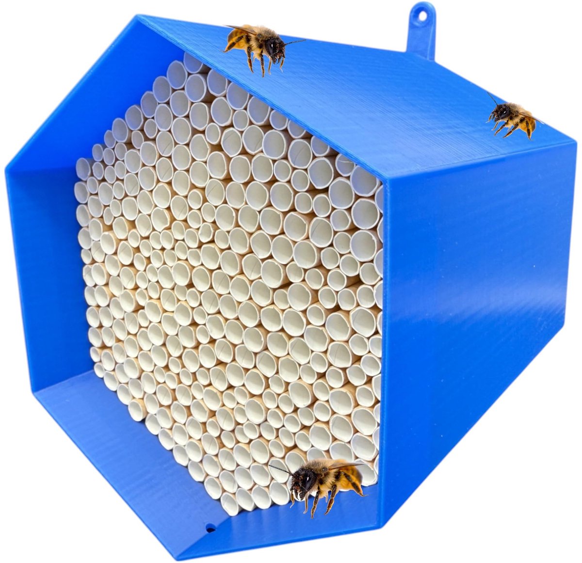 Wildbijen-nesthulp, absoluut duurzaam en weerbestendig, insectenhotel met 300 nesthulzen. Hoogwaardig wildbijenhotel voor tuinliefhebbers (blauw)
