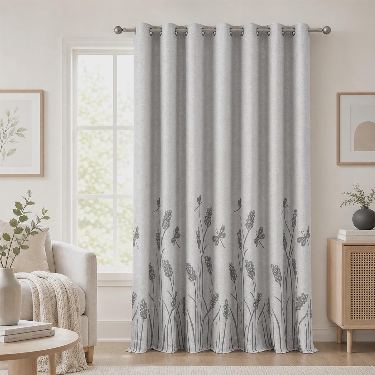 Melodieux Extra breed borduurgordijn voor woonkamer patio schuifdeur, rustiek bloemenpatroon kamer verduistering linnen getextureerde doorvoertule gordijn, grijs tarwe/grijsachtig wit, 254 cm B x 213