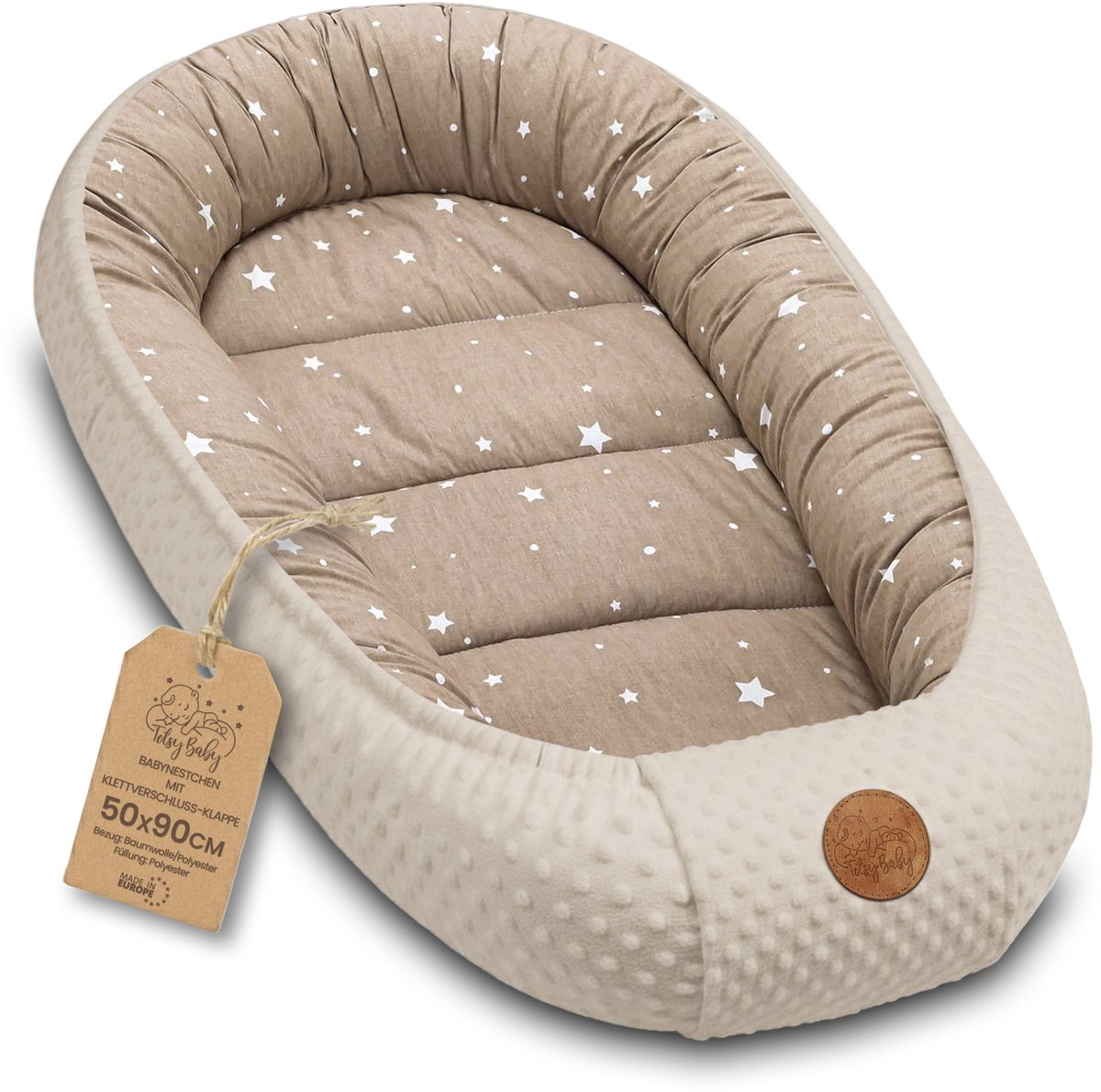 Knus Baby Nestje Pasgeborene – zacht draagbaar en comfortabel Nest voor Ledikant Kinderbed Wieg Babykamer en Onderweg – behaaglijk voor Jongen & Meisje 90x50 cm Beige met Witte Sterren