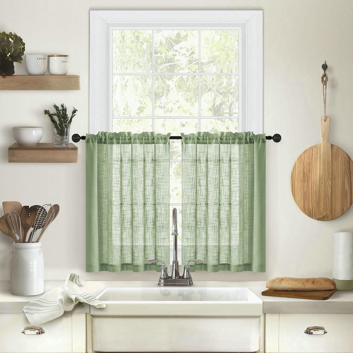 Gordijnen 2-delige set, 2 x 25B x 37H, korte lichtgroene gordijnen voor de woonkamer met stevige kleur, korte gordijnen met roededoorvoer voor ramen