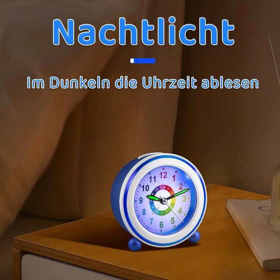 Stille Kinderwekker Analoog met Snooze en Nachtlampje - Batterijgevoed Blauw — afbeelding 5