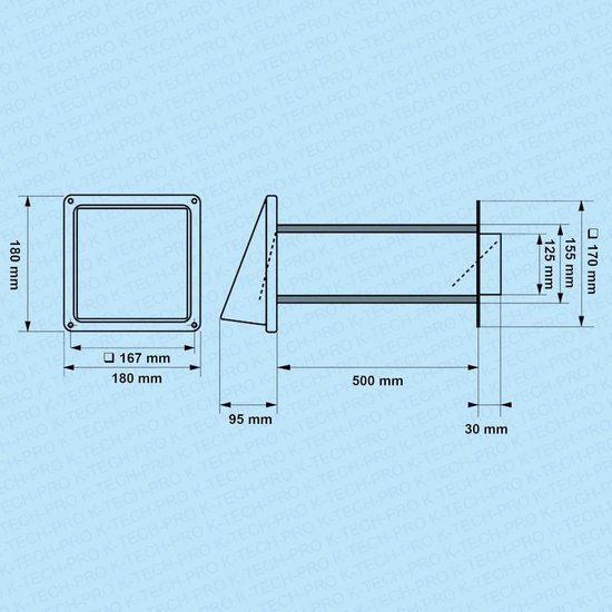 Afmetingen van de ventilatiekap: 180x180 mm, uitlaat 125x155 mm.
