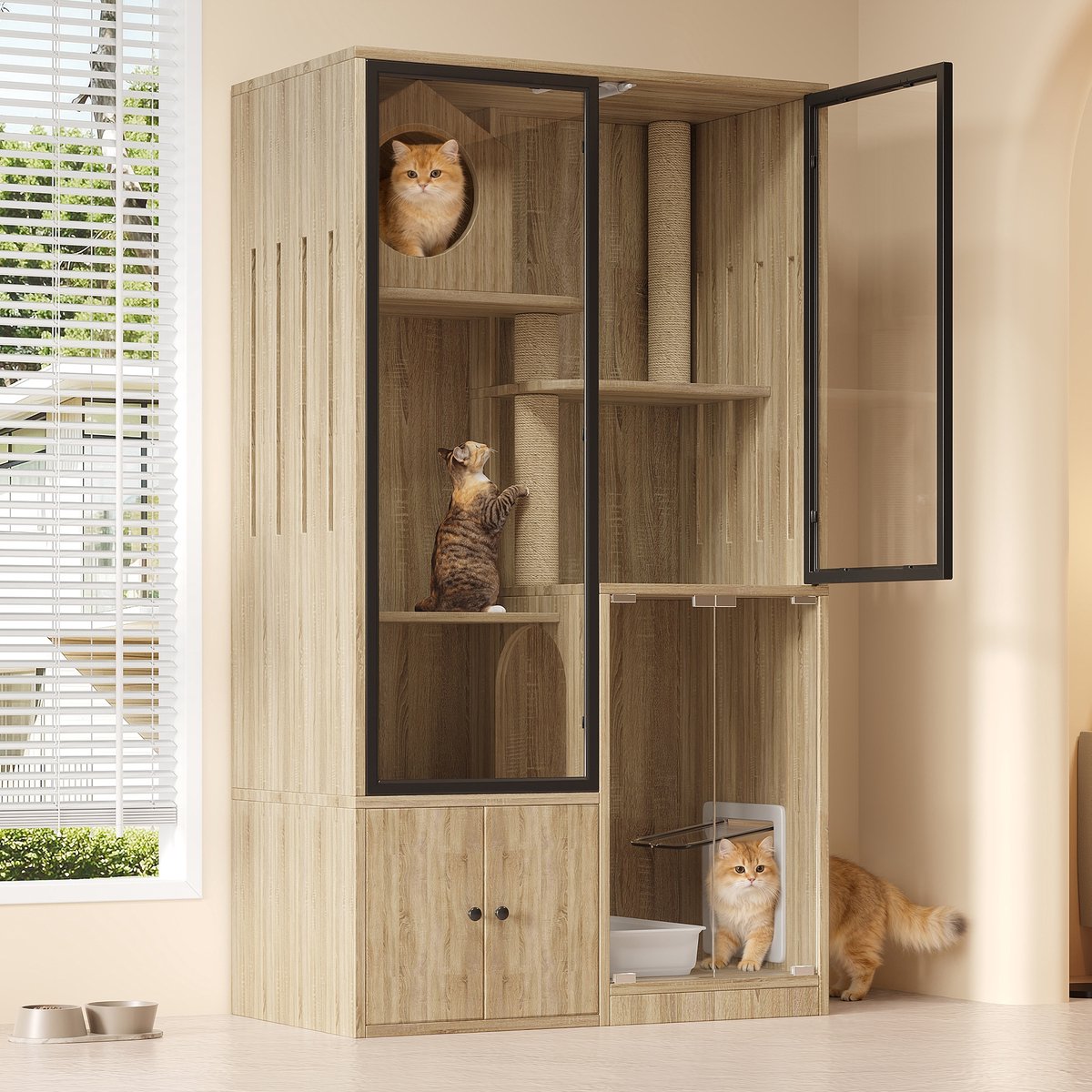 PHOEBE CAT Kattenvilla - Binnenkattenhuis - Met krabpaal - Afsluitbare glazen deur - Houtlook - 90 x 50 x 160 cm (exclusief kattenbak)