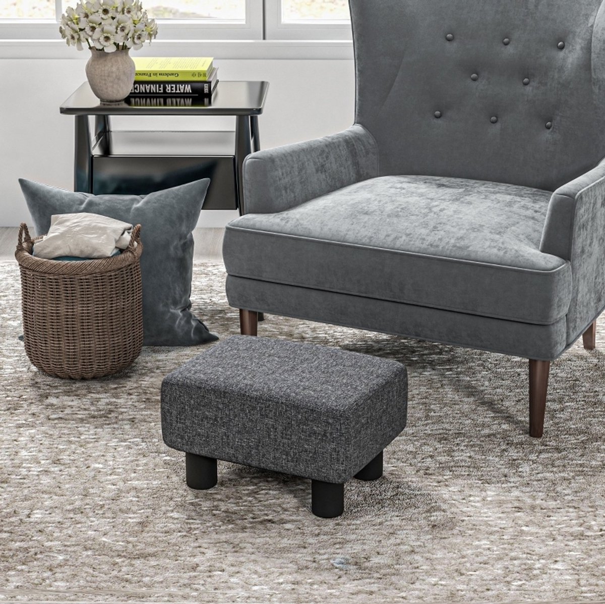 STILVORA Voetenbankje 40 X 30 X 24 Cm - Gestoffeerde Rechthoekige Hocker Met Comfortabele Zitting - Voor Woonkamer En Slaapkamer - Stof Donkergrijs