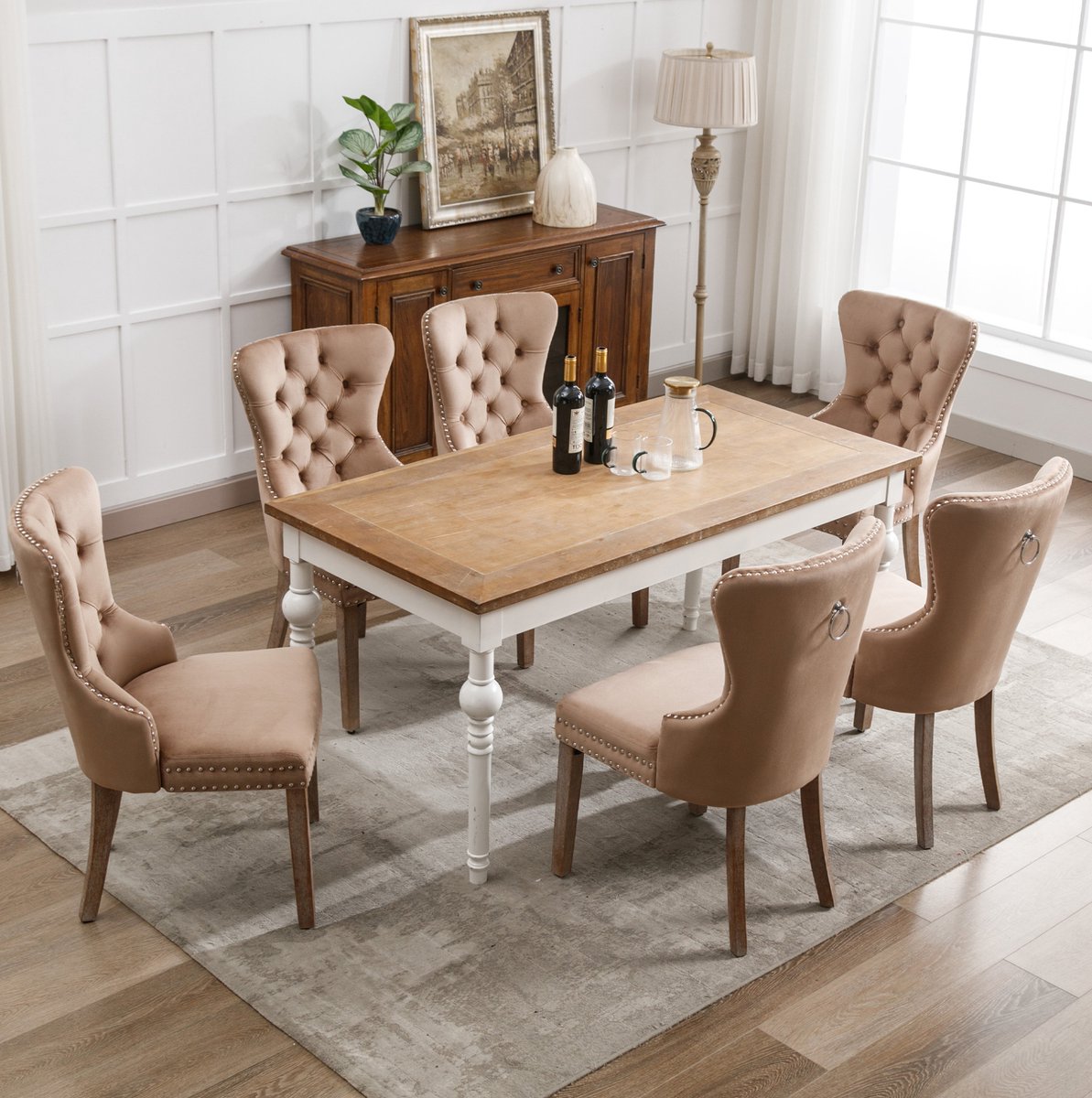 DESMIU Eetkamerstoel Set van 6 - Velvet Gestoffeerd Met Knopen En Rugring - Voor Eetkamer En Woonkamer - Massief Hout - Light Coffee