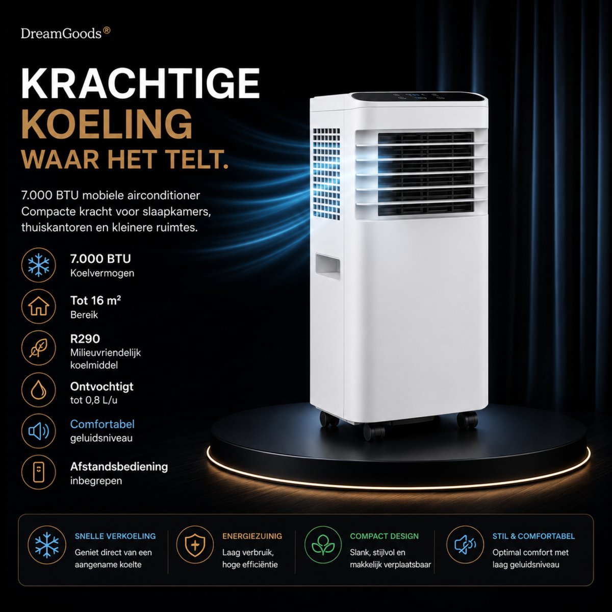 DreamGoods Mobiele Airco - 7000 BTU - 3-IN-1 Airconditioner met Afvoerslang - Verkoelen, Ventileren & Ontvochtigen - Complete Airco Set met Raamafdichtingskit thumbnail 3